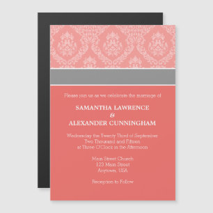 Coral Damask Magnetic Wedding Invitation