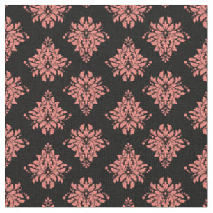 Coral Damask on Black Fabric