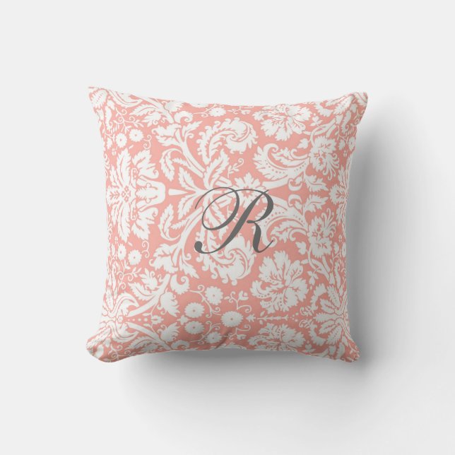 Coral Damask Pattern Monogram Pillow (Front)