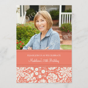 Coral Damask Photo 75th Birthday Party Invitations