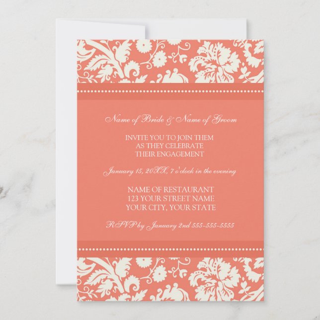 Coral Damask Photo Engagement Party Invitations (Front)