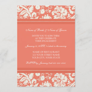 Coral Damask Photo Engagement Party Invitations