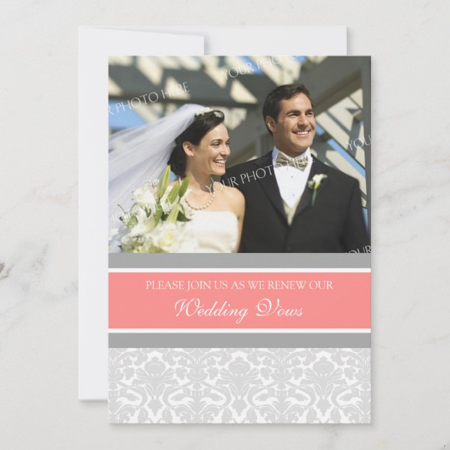 Coral Damask Photo Invitations Renouvellement de V (Devant)