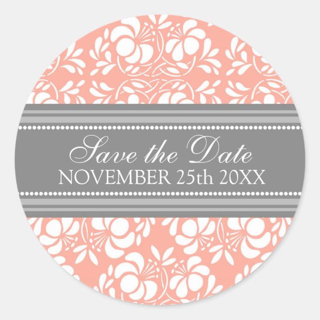 Coral Damask Save the Date Envelope Seal (Front)