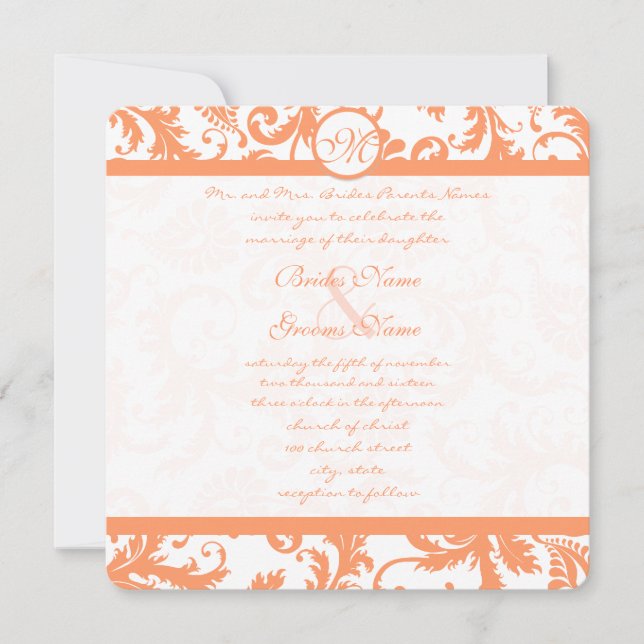 Coral Damask Wedding Invitation (Front)