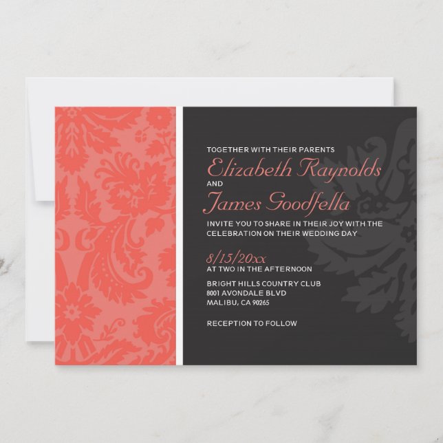 Coral Damask Wedding Invitations (Front)