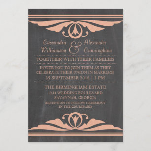 Coral Deco Chalkboard Wedding Invite