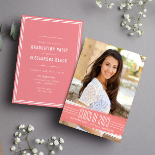 Coral Deco Stripe Photo Graduation Party Invitation