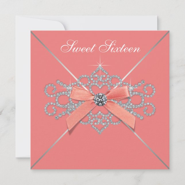 Coral Diamonds Coral Sweet 16 Birthday Party Invitation (Front)