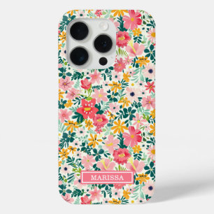 Coral Ditsy Flowers Monogrammed iPhone 15 Pro Case
