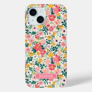 Coral Ditsy Flowers Monogrammed iPhone 15 Case