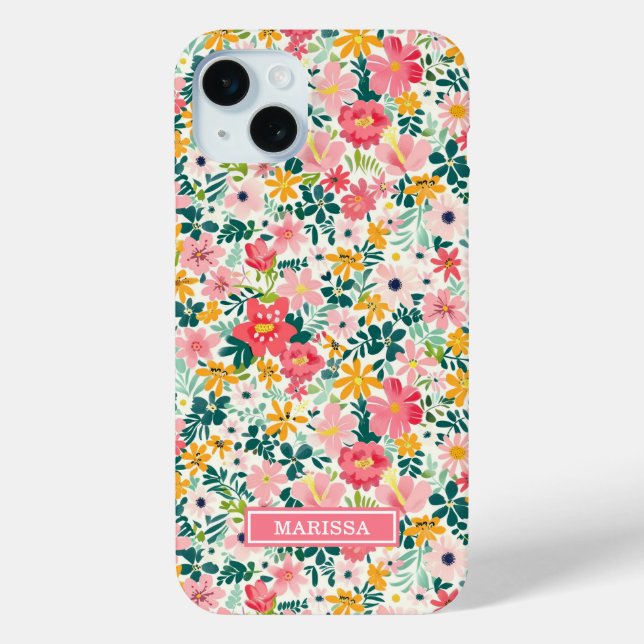 Coral Ditsy Flowers Monogrammed Case-Mate iPhone Case (Back)