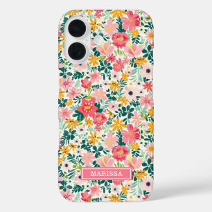 Coral Ditsy Flowers Monogrammed iPhone 16 Case