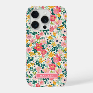 Coral Ditsy Flowers Monogrammed iPhone 15 Pro Case