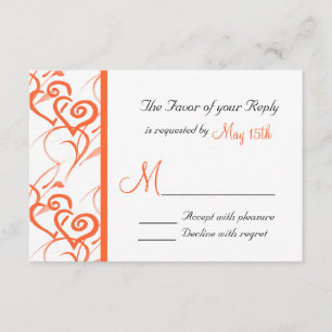 Coral Double Hearts Swirls Vines Wedding RSVP