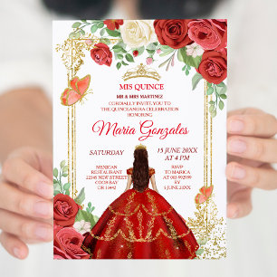 Coral Dress Mexican Flowers Quinceañera Invitation
