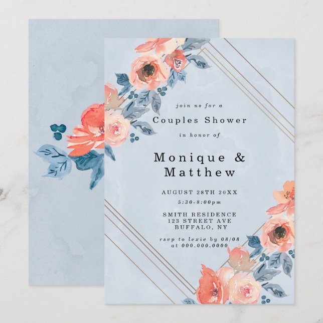 Coral Dusty Blue Couples géométriques Invitations  (Devant / Derrière)