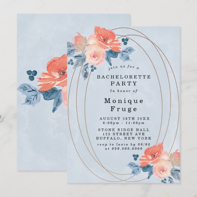Coral Dusty Blue Gold Invitations de la partie (Devant / Derrière)