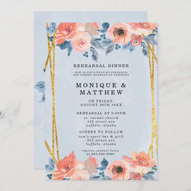 Coral Dusty Blue Gold Peony Rehearsal Dinner Invitation (Front/Back)