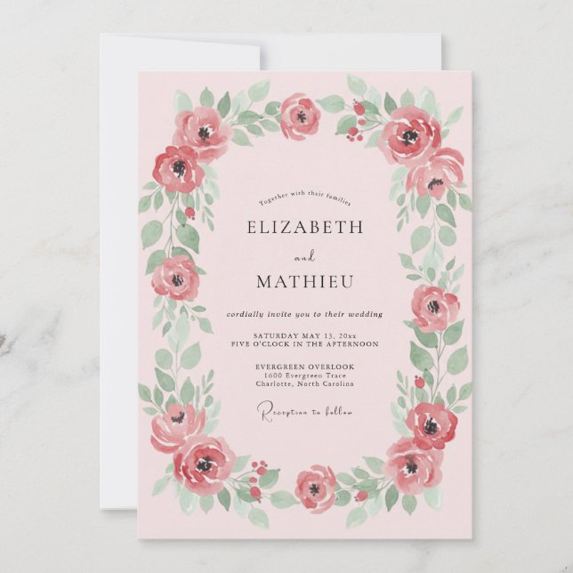 Coral Dusty Sage Leafy Wedding Invitation (Front)