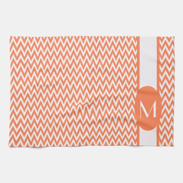 Coral Elegant Chevron Design with monogram Kitchen Towel (Horizontal)