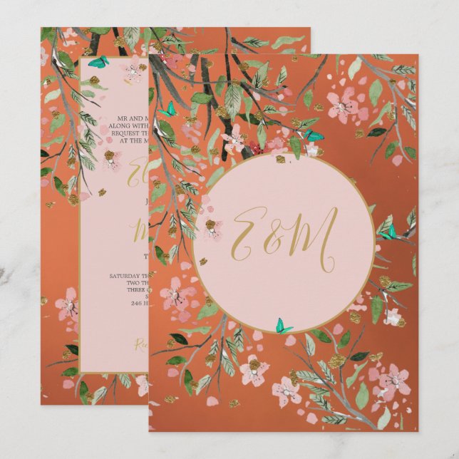 Coral Elegant Pink Floral Gold Chinoiserie Invitation (Front/Back)