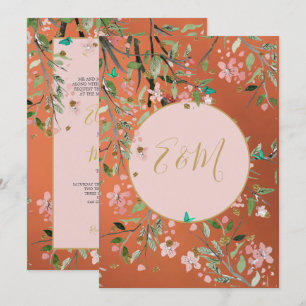 Coral Elegant Pink Floral Gold Chinoiserie Invitation