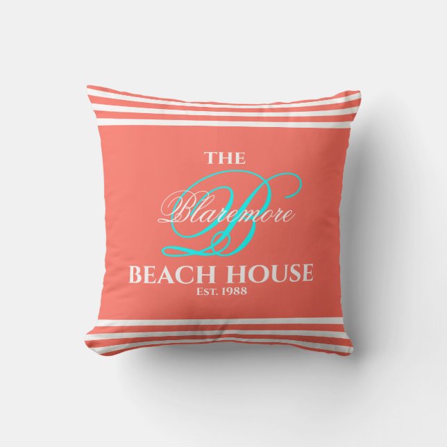 Coral Family Monogram Script Aqua Colour Initial Throw Pillow (Front)