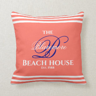 Coral Family Monogram Script Navy Initial 2 Sides Throw Pillow