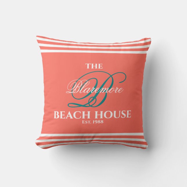 Coral Family Monogram Script Teal Colour Initial Throw Pillow (Front)
