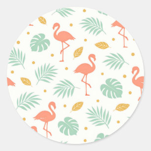 Coral Flamingo Tropical Leaf Pattern Classic Round Sticker