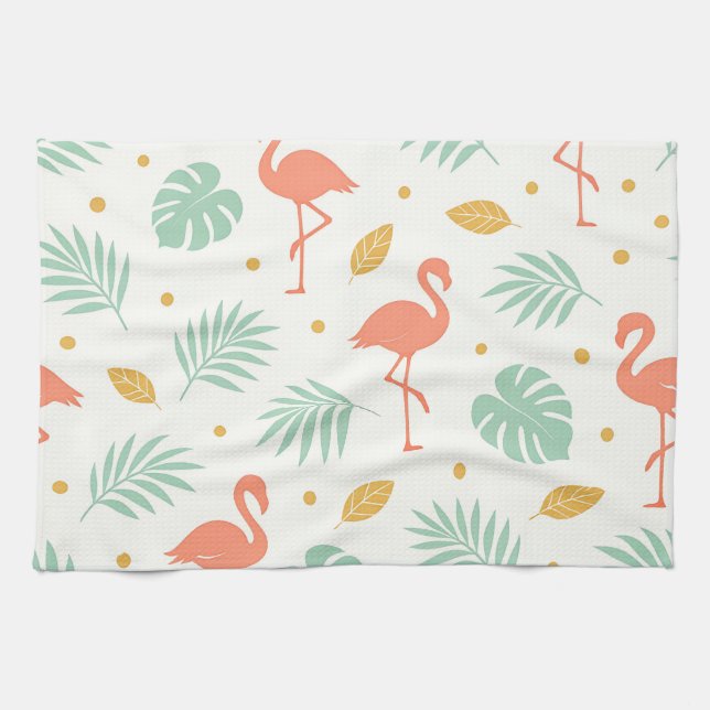 Coral Flamingo Tropical Leaf Pattern Kitchen Towel (Horizontal)