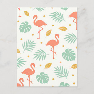 Coral Flamingo Tropical Leaf Pattern Postcard