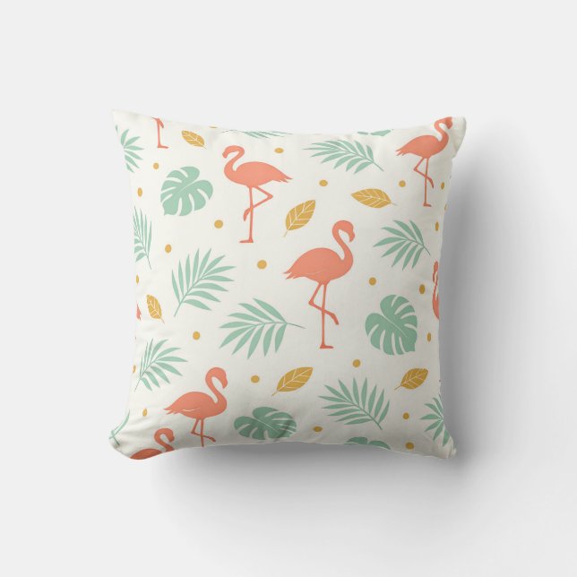 Coral Flamingo Tropical Leaf Pattern Throw Pillow (Front)