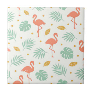 Coral Flamingo Tropical Leaf Pattern Tile