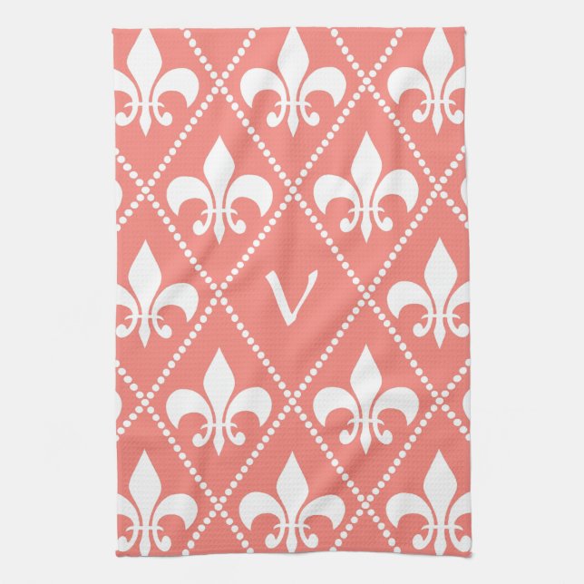 Coral Fleur de Lis with monogram initial Kitchen Towel (Vertical)