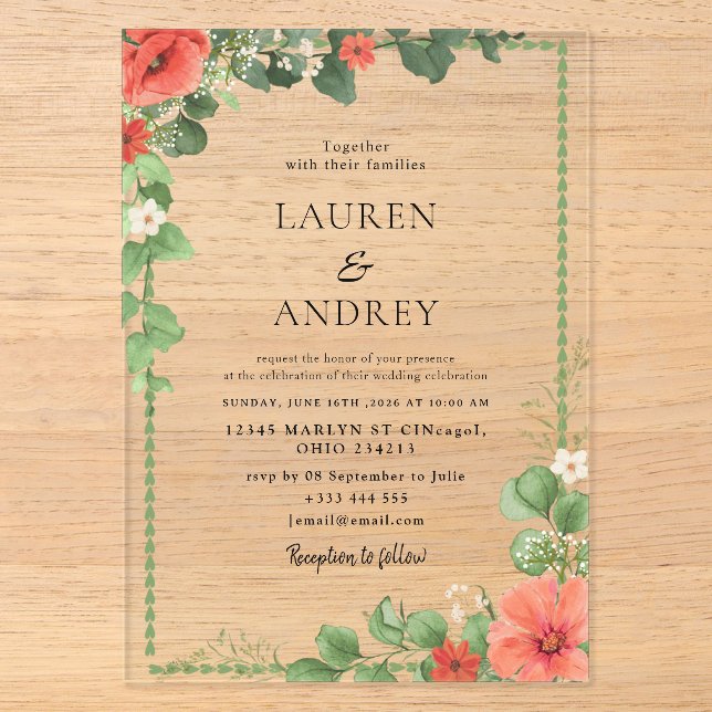 Coral Floral Acrylic Wedding Invitation (Front)