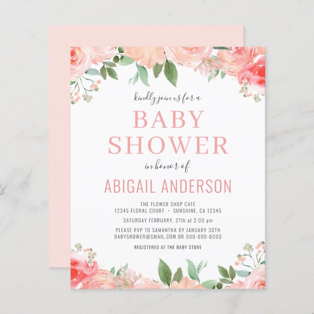Coral Floral Baby Shower Budget Invitation (Front/Back)