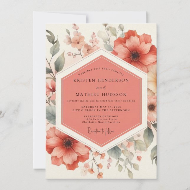 Coral Floral Botanical Romance Wedding Invitation (Front)