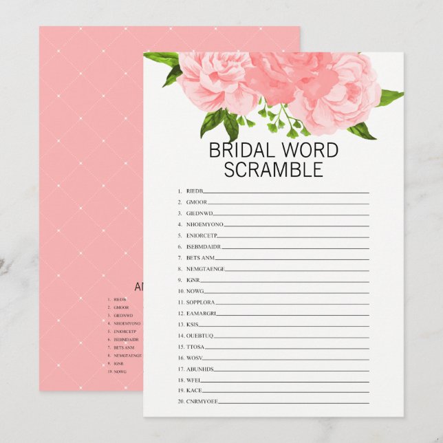 Coral Floral Bridal Shower Word Scramble Game Card (Front/Back)