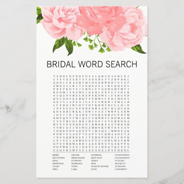 Coral Floral Bridal Shower Word Search Game Card (Front)
