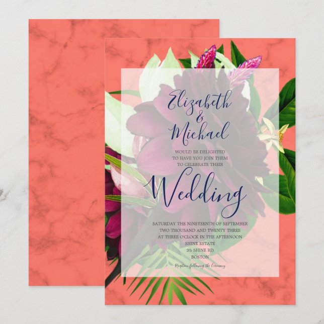 Coral Floral  Burgundy Elegant  Modern Wedding Invitation (Front/Back)