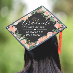 Coral Floral Class of 2024 Graduation Cap Topper