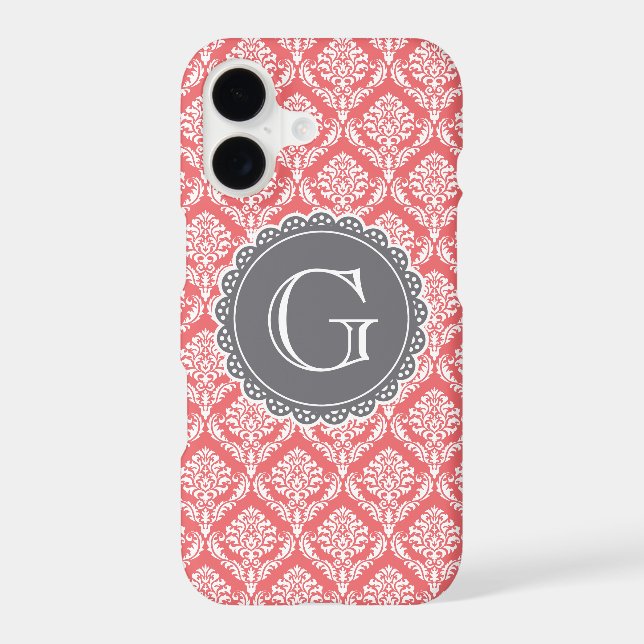 Coral Floral Damask Pattern Grey Monogram (Back)
