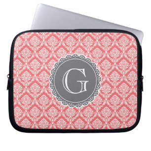 Coral Floral Damask Pattern Grey Monogram Laptop Sleeve