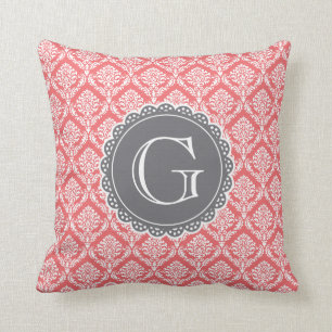 Coral Floral Damask Pattern Grey Monogram Throw Pillow