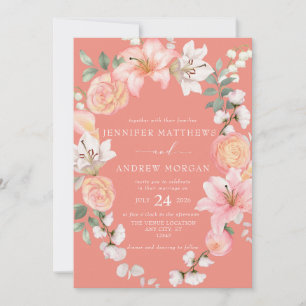 Coral Floral   Elegant Wreath Wedding Invitation
