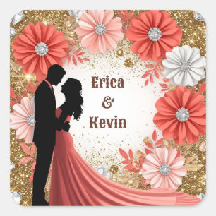 💍 Coral Floral Gold Engagement Couple 💍 Square Sticker