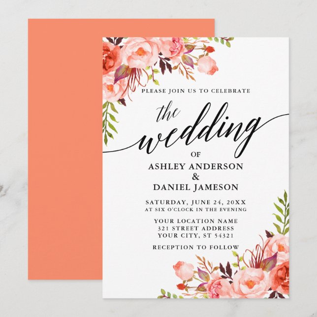 Coral Floral Modern Calligraphy Wedding Invitation (Front/Back)