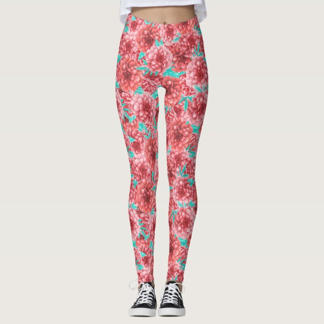 Coral Floral Pattern Leggings (Front)